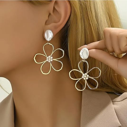 Hollow Flower Pearl Earrings for Women Elegant Dangle Drop Jewelry Lightweight Floral Design Spri... | Amazon (US)