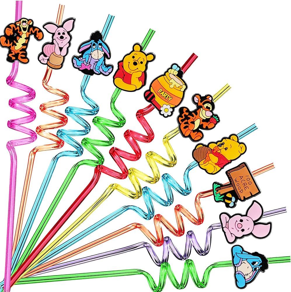 25Pcs Winnie Party Favors Reusable Drinking Straws, 10 Designs Bear Cartoon Birthday Party Suppli... | Amazon (US)