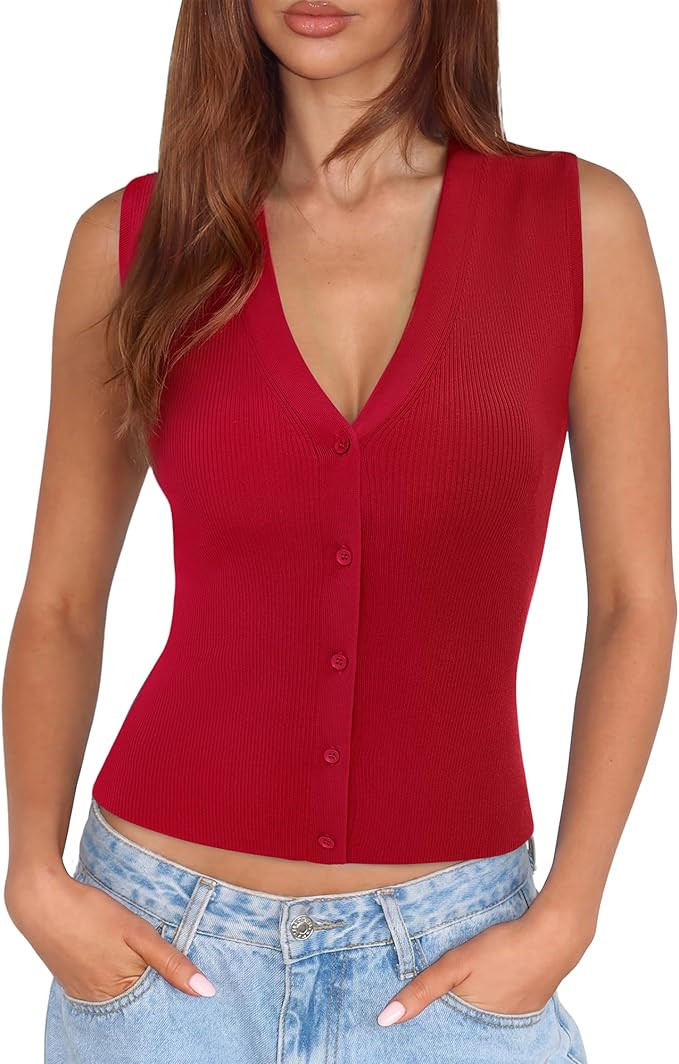 SUUKSESS Women Sleeveless Sweater Tops Summer V Neck Button Down Vest Tops Business Casual Work S... | Amazon (US)