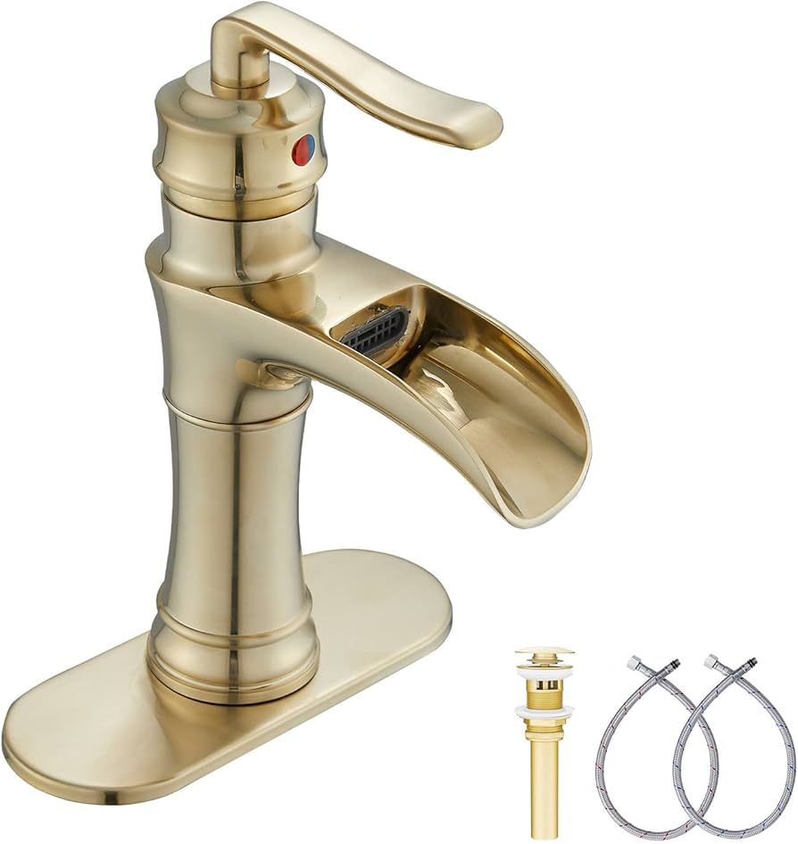 Hononnice Brushed Gold Bathroom Faucet 1 Hole Single Handle Bathroom Vanity Faucet Widespread Bat... | Amazon (CA)
