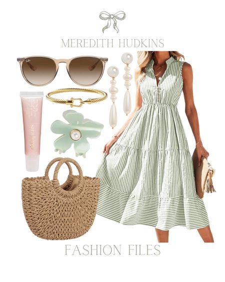 Meredith Hudkins puppy classic timeless green dress coastal style wedding guest dress resort outfit vacation outfit woven purse clutch handbag Ray-Ban sunglasses, pearl earrings, gold bracelet hair clip, claw clip lip gloss 

#LTKSaleAlert #LTKFindsUnder50 #LTKStyleTip