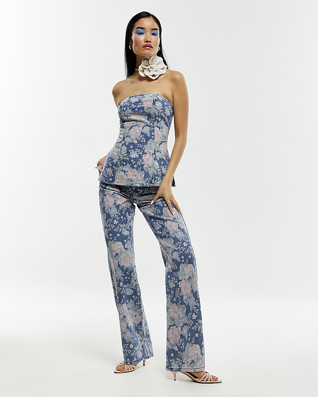 Blue Floral Relaxed Straight Jeans | River Island UK & IE