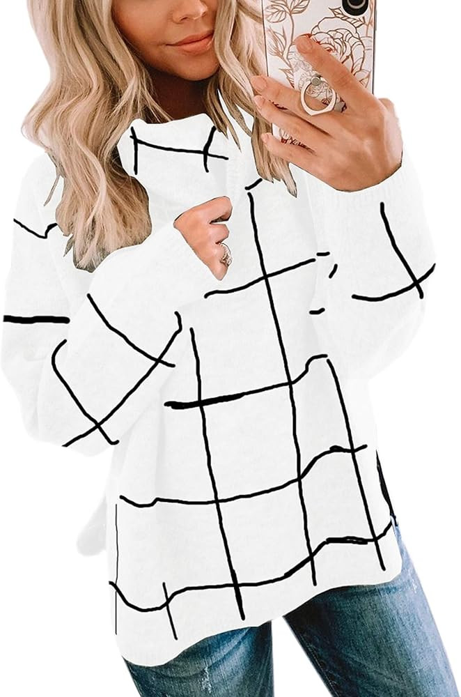 ECOWISH Women Fall Pullover Sweater Turtleneck Plaid Long Sleeve Loose Casual Chunky Checked Knit... | Amazon (US)