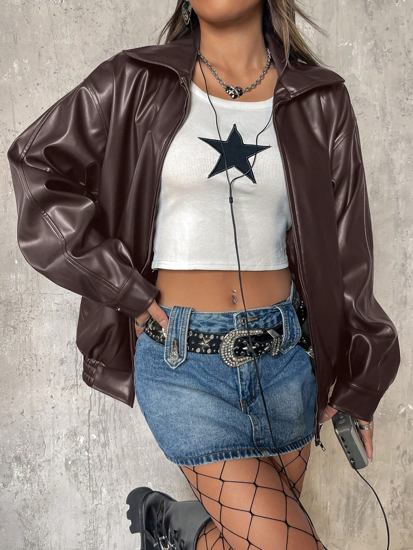 SHEIN ICON Zip Up Drop Shoulder PU Thick Leather Jacket | SHEIN