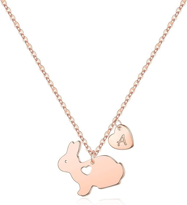 Yoosteel Easter Gifts for Teens Girls, 14K Rose Gold Plated Dainty Bunny Necklace Cute Rabbit Ini... | Amazon (US)