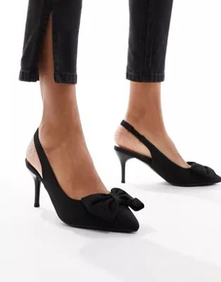 New look satin bow slingback heeled shoe in black | ASOS (Global)