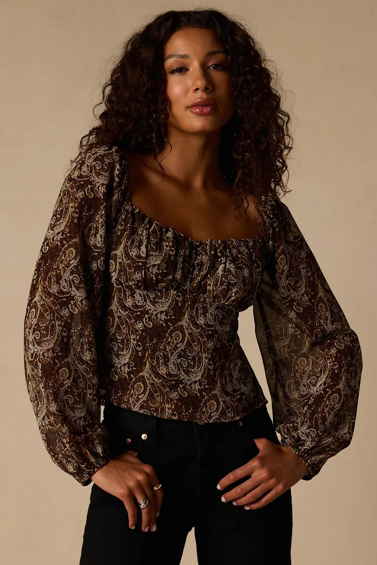 Yara Brown Multi Paisley Long Sleeve Top | Lulus