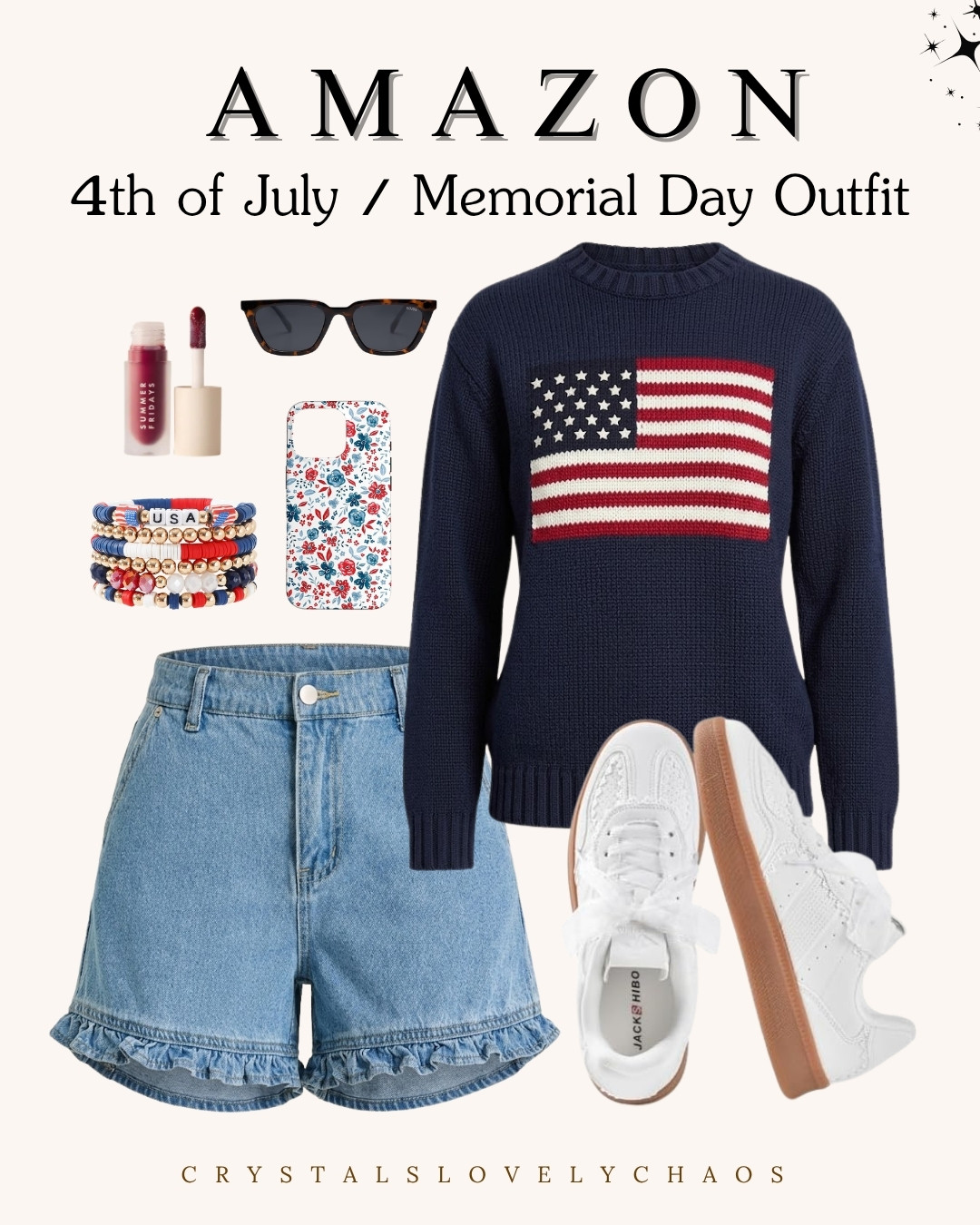 Show your flag pride with this American flag sweater paired with denim shorts. 🇺🇸❤️‍🔥 

 #LTKootd #LTKmomlife #LTKSeasonal