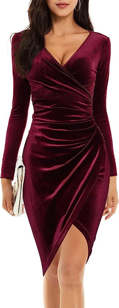HUHOT Womens Wrap V Neck Long Sleeve Split Wrap Velvet Elegant Bodycon Ruched Cocktail Party Midi... | Amazon (US)