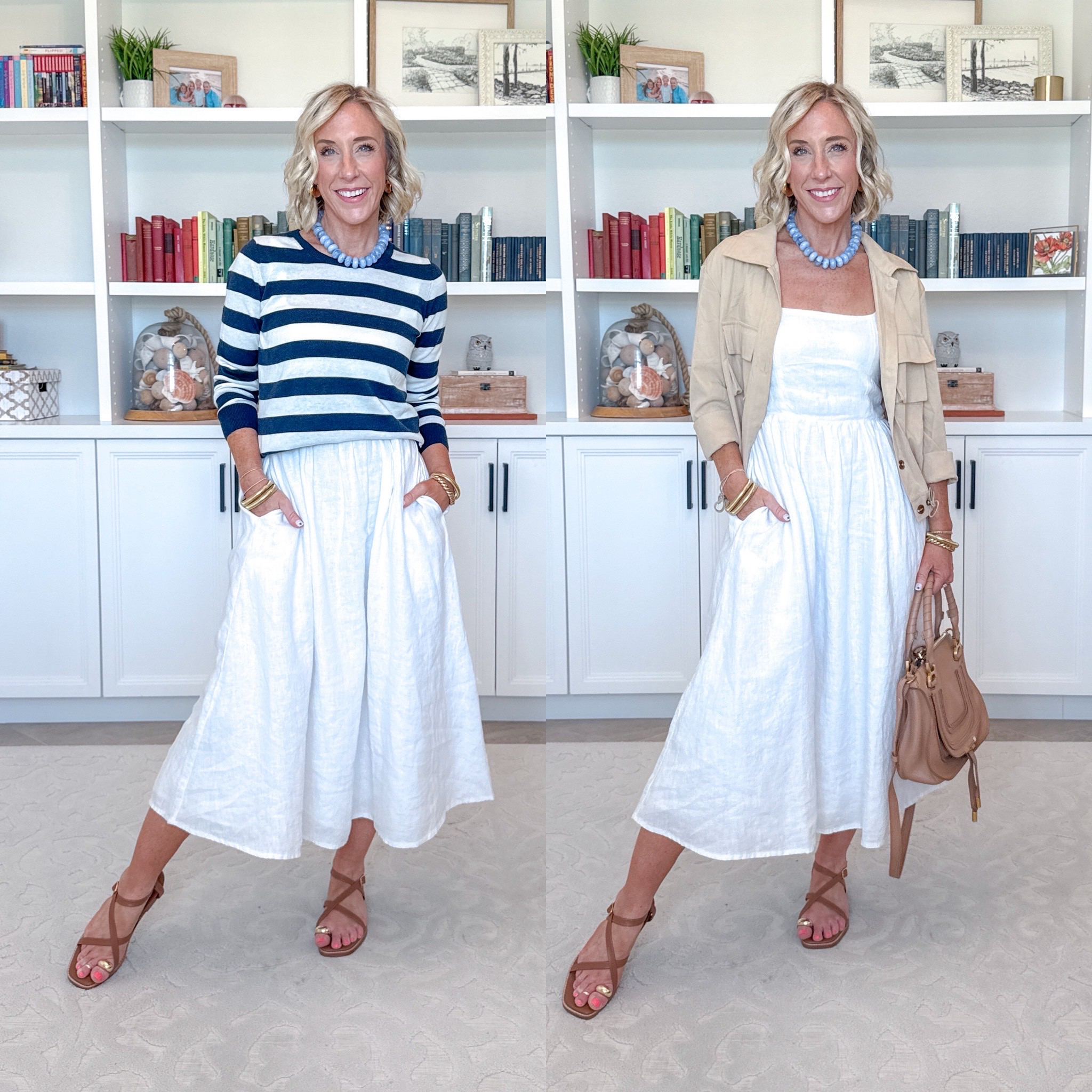 One White Dress - 6-ish ways to wear it: * 100% European Linen Fit & Flare Midi Dress - size XS. 11 colors. Striped Lightweight Sweater (over shoulders AND on) - size Small. 36 colors. Beige Cropped Jacket - size Small. 12 colors.

#LTKSeasonal #LTKOver40 #LTKTravel