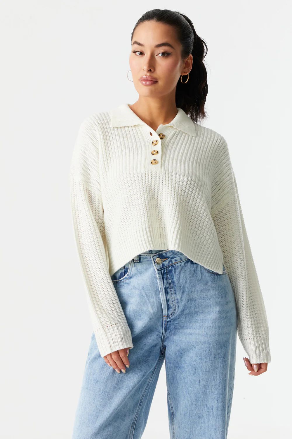 Knit Crop Polo Sweater | Charlotte Russe