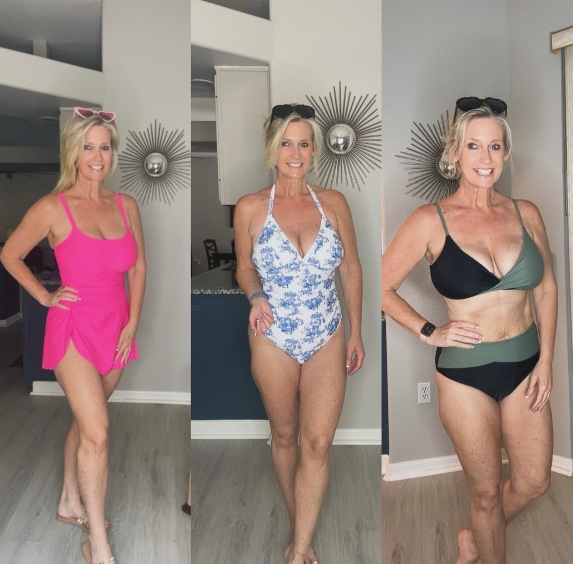 OV: You finally found swimsuits that are actually cute and mom approved 🙌☀️

💗 The pink suit comes with a matching sarong you can actually swim in or take off when you want
🤍 The blue floral one piece has tummy control and a flattering halter tie neckline
🖤 The black & olive two piece has a high waisted bottom with adjustable straps and gives coverage without looking “mom-ish”

All 3 are comfortable, flattering, and the kind of swimsuits you can confidently walk around in public wearing 💅

Because moms deserve to feel confident too 💛