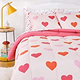 Amazon Basics Kids Easy-Wash Microfiber Bed-in-a-Bag Bedding Set - Full/Queen, Pink Hearts | Amazon (US)