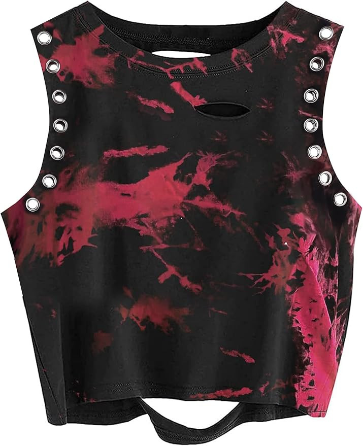 Remidoo Women's Tie Dye Crop Tank Top Punk Rock Ripped Sleeveless Grommet Top Distressed Shirt | Amazon (US)