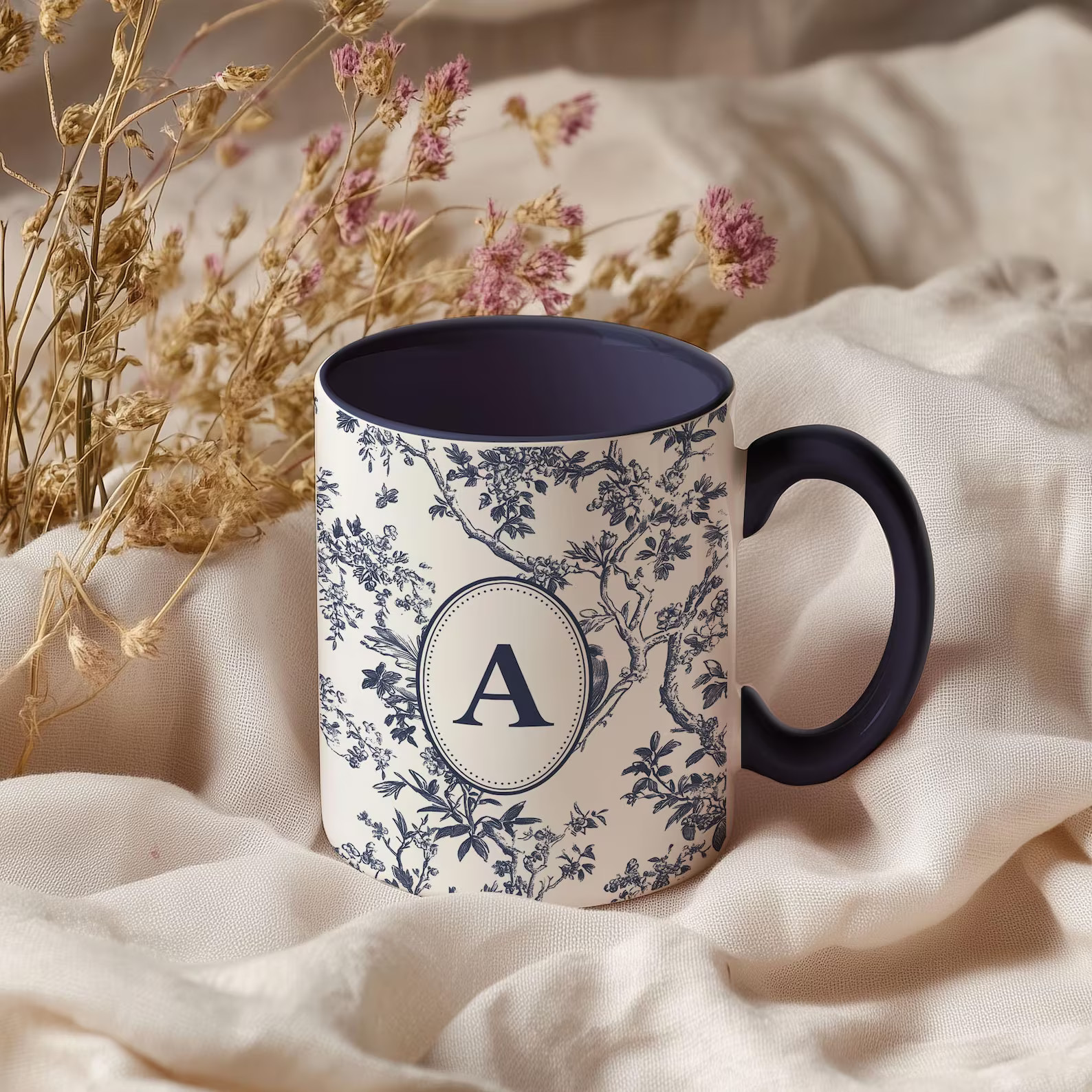 Personalized Initial Mug Navy Blue Toile Coquette Design Custom Coffee Cup, Vintage-inspired Gift... | Etsy (US)