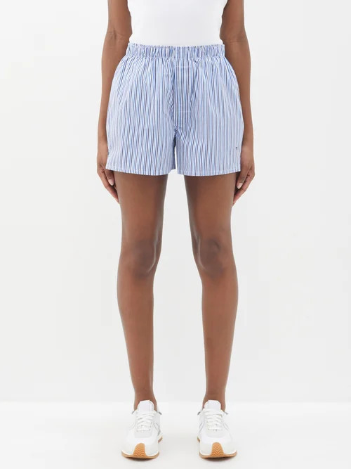 Hommegirls - Logo-embroidered Striped Cotton Shorts - Womens - Blue Stripe | Matches (US)