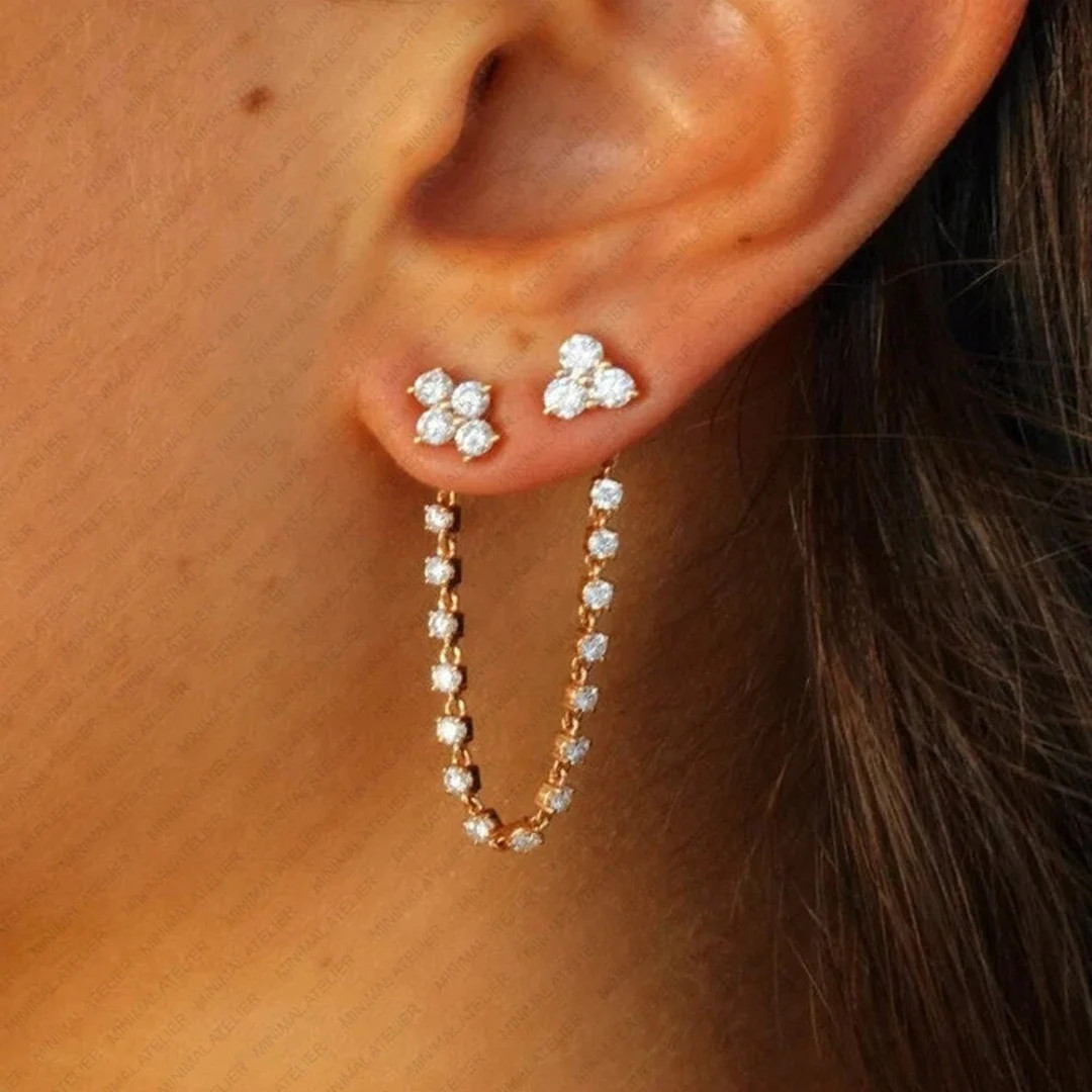 0.50ct Lab Grown Diamond Earring, Dangle Drop Moissanite With Wrap Chain Link Studs Earring, Soli... | Etsy (US)