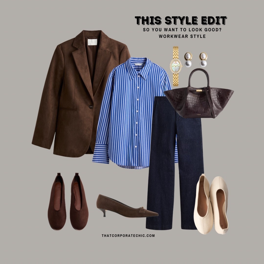 Workwear style -brown blazer, striped shirt and dark wash jeans styling for an elevated day look or office style 

#LTKworkwear #LTKstyletip #LTKspring