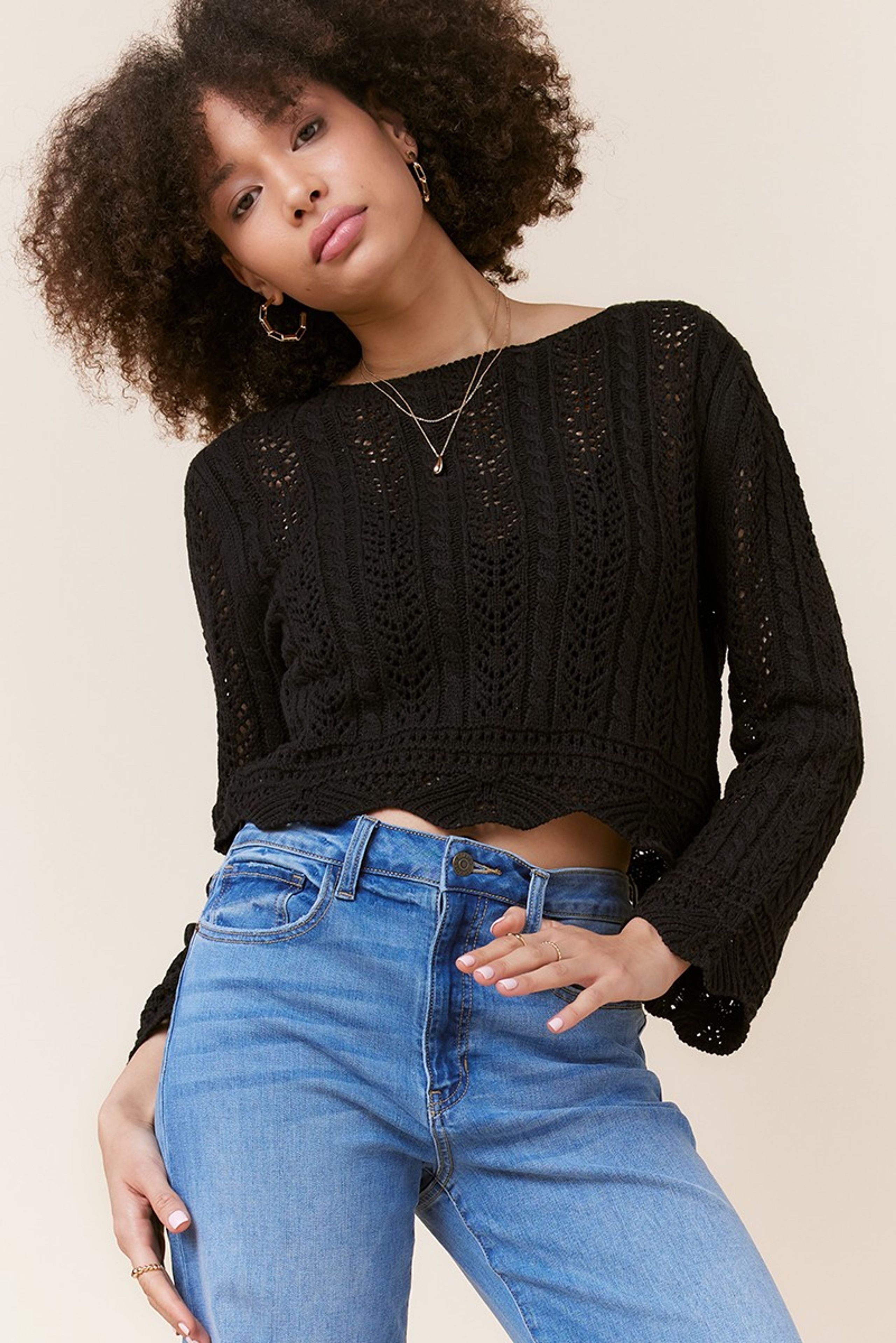 Sherrie Pointelle Crewneck Pullover Sweater | Francesca's