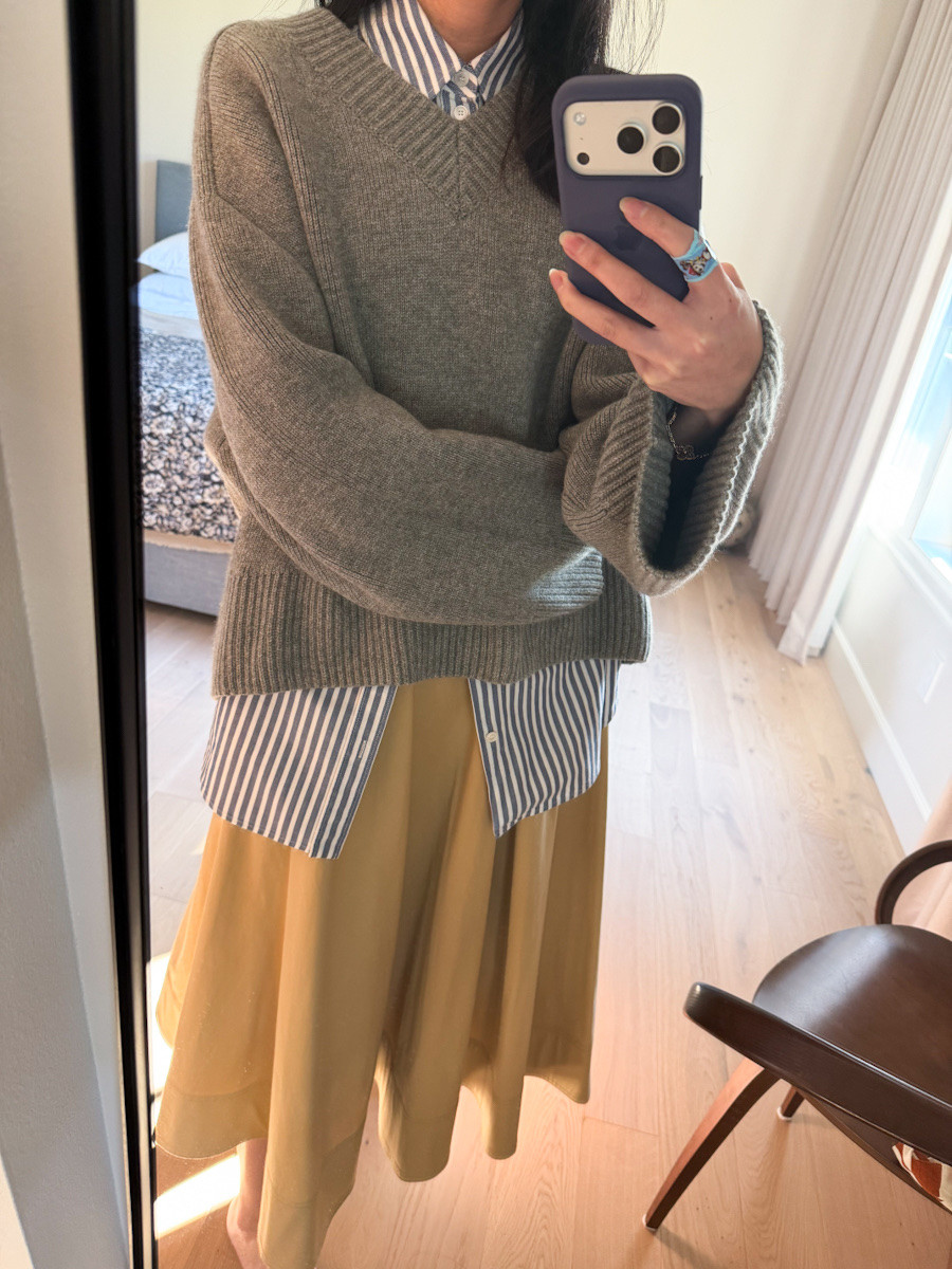 So many ways to style this base outfit: striped button down shirt, flowing midi skirt (63% off now!)

#classicstyle
#outfitformula
#midiskirt
#springoutfit
#stripedshirt

#LTKootd #LTKSaleAlert #LTKWorkwear