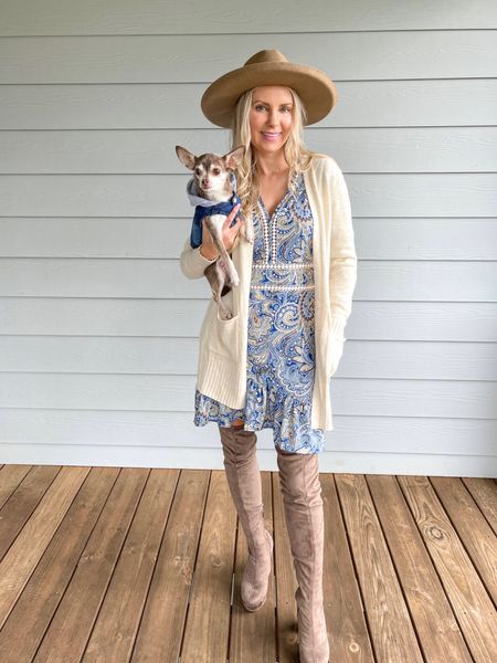 Paisley print dress styled for fall!

Over the knee boot, dog jacket, fall outfit, jean jacket, cardigan, wide brim hat

#LTKunder50 #LTKstyletip #LTKSeasonal