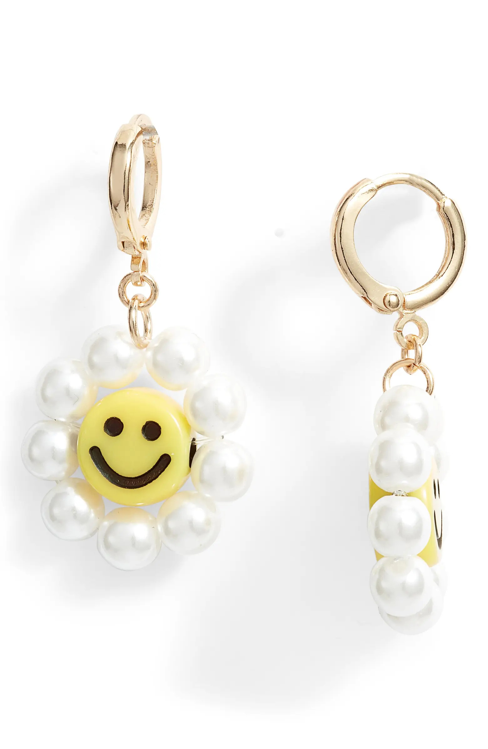 8 Other Reasons Smiley Face & Imitation Pearl Huggie Drop Earrings | Nordstrom | Nordstrom