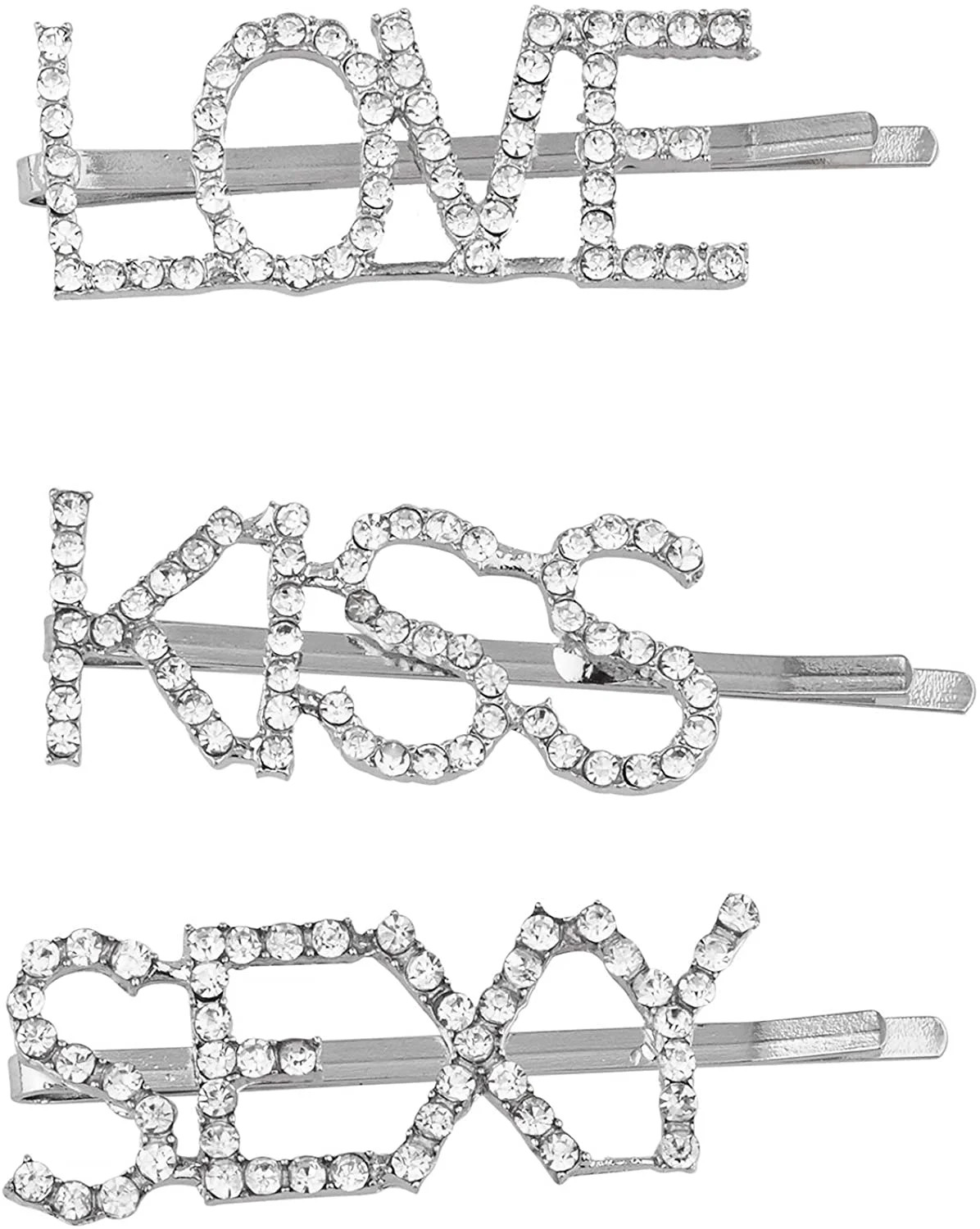 Set (3pc) Silver Tone Finish Word Love KISS Sexy Clear Rhinestones Fashion Hair Pin | Walmart (US)