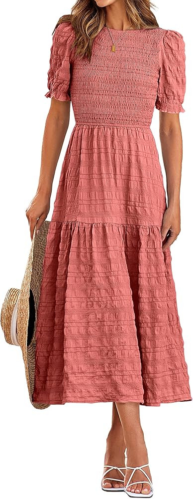 dowerme Women Summer Dresses 2023 Casual Puff Short Sleeve Crewneck Smocked Flowy Ruffle Boho Bea... | Amazon (US)