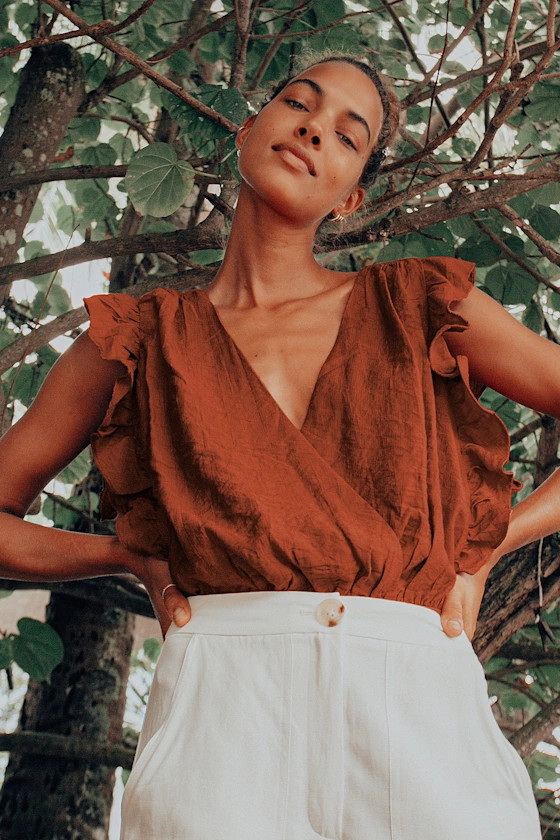 Smile Awhile Rust Red Ruffled Surplice Bodysuit | Lulus (US)