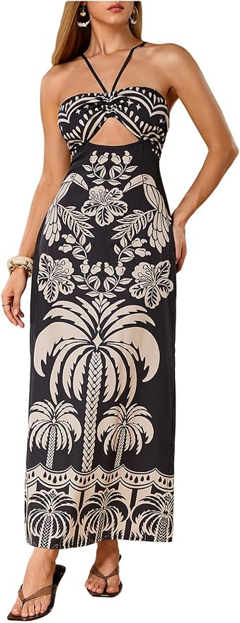 SHENHE Women's Tropical Print Halter Maxi Dress Cutout Tie Backless Split Hem Boho Sundress | Amazon (US)