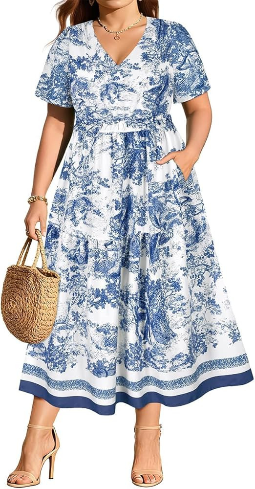 RITERA Plus Size Dresses for Curvy Women V Neck Short Sleeve Maxi Dress Floral Smocked Summer Bea... | Amazon (US)