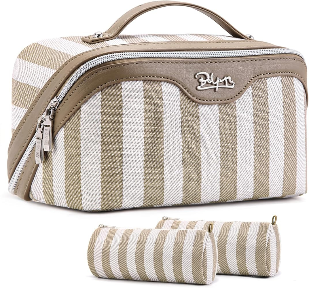 BOYATU Travel Makeup Bag Cosmetic Bag for Women: 3 Pcs Set Striped Make up Bag with Compartment -... | Amazon (US)