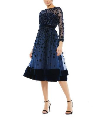 Embellished Illusion High Neck Long Sleeve Fit & Flare | Bloomingdale's (US)