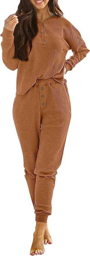 PRETTYGARDEN Women's 2 Piece Waffle Knit Lounge Outfit Long Sleeve Henley Top and Sweatpants Set ... | Amazon (US)