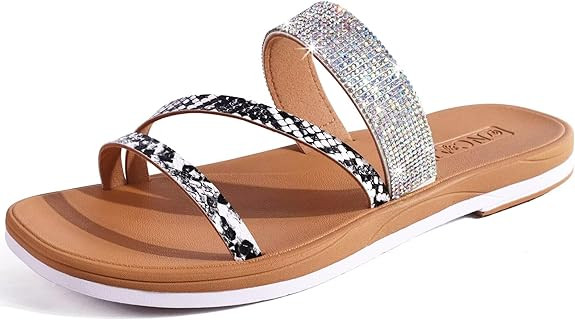 ONCAI Women's Flat Sandals Summer Dressy Casual Sandals Women Fashion Rhinestone Square Toe Slip ... | Amazon (US)