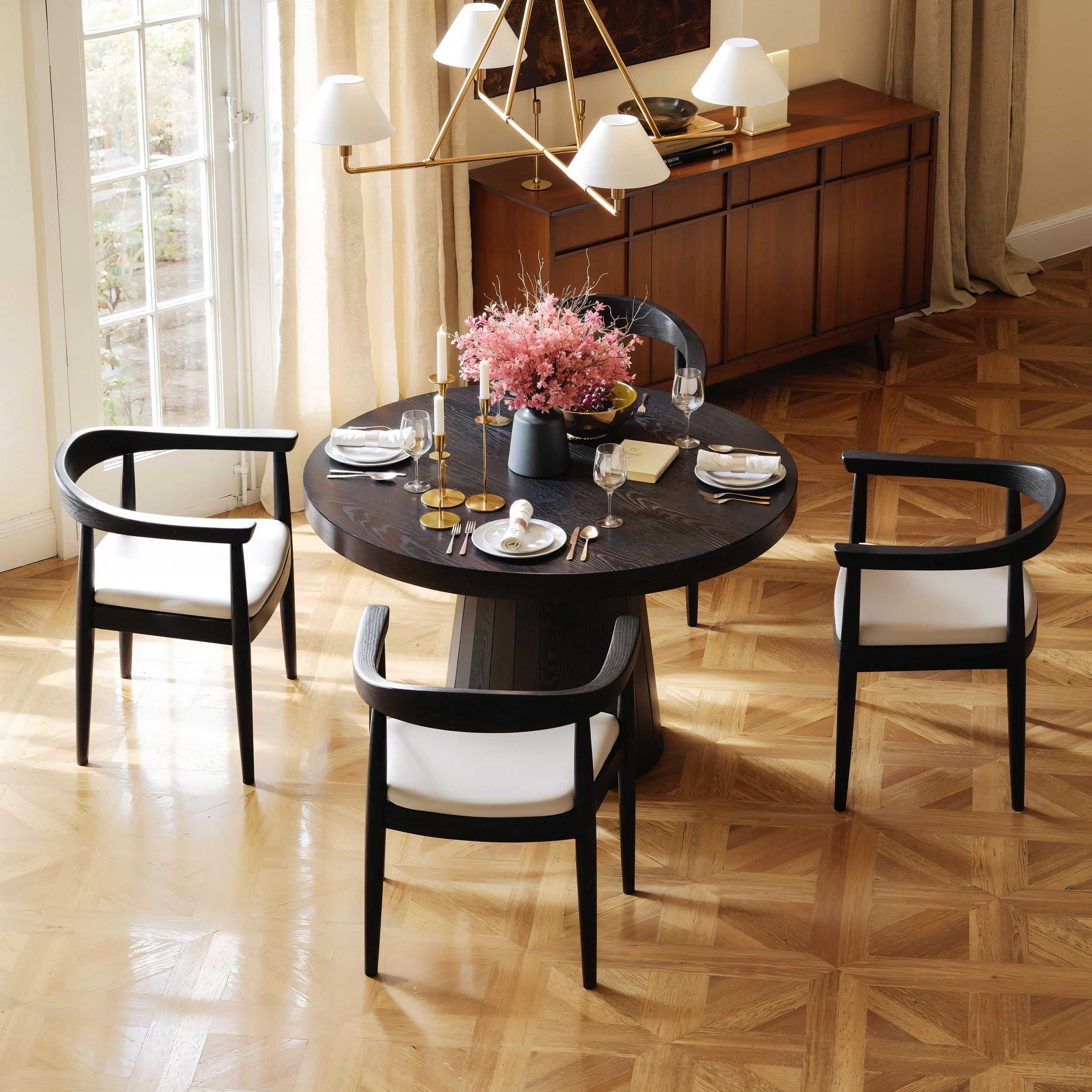 Dining Set 39"-55" Japandi Extendable Dining Table Black with 4 Chairs | Homary