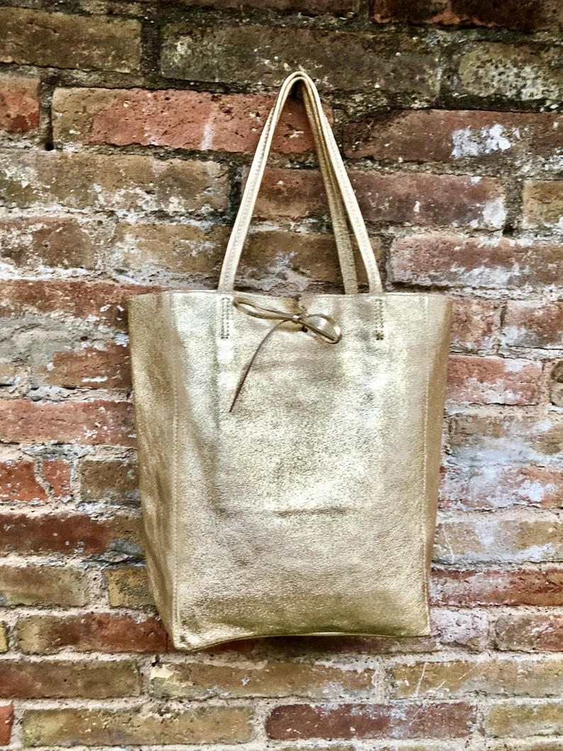 Tote Leather Bag in GOLD. Leather Shopper in Natural GENUINE Leather. Large Carry All Bag for You... | Etsy (Global)