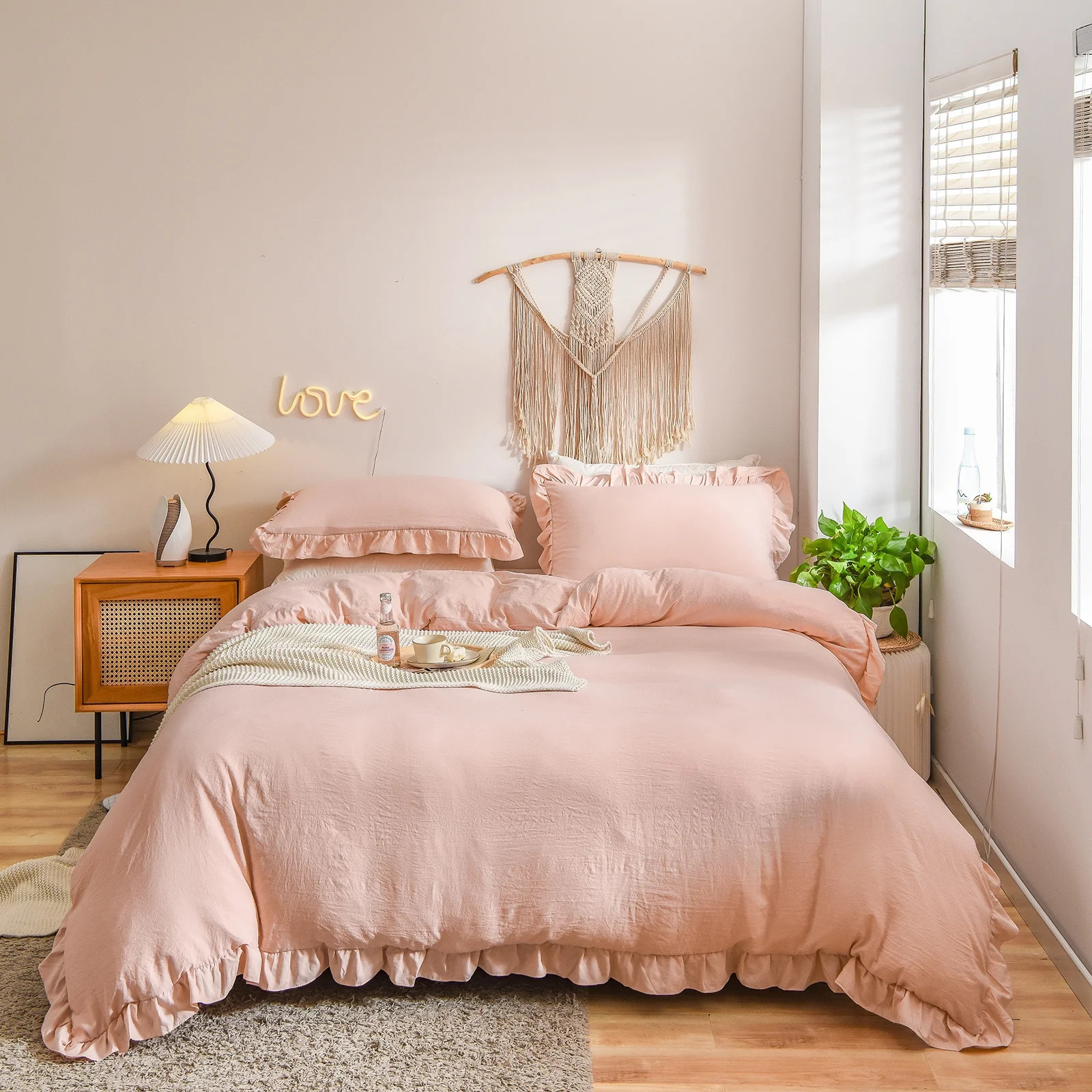 Move Over Light Pink Ruffle Bedding Queen Boho Chic 100% Washed Microfiber Fuffled Fringe Design ... | Walmart (US)