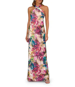 Adrianna by Adrianna Papell Halter Neck Abstract Floral Printed Satin Gown | Dillard's