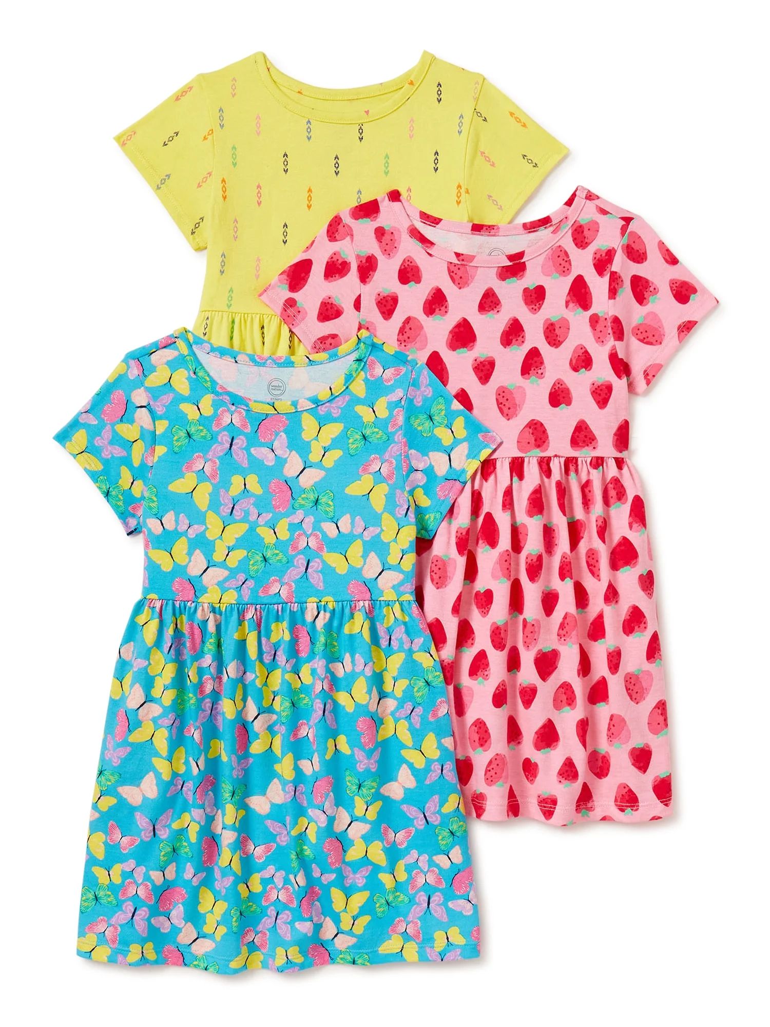 Wonder Nation Baby & Toddler Girls Organic Cotton Short Sleeve Knit Play Dresses with Pockets, 3-... | Walmart (US)