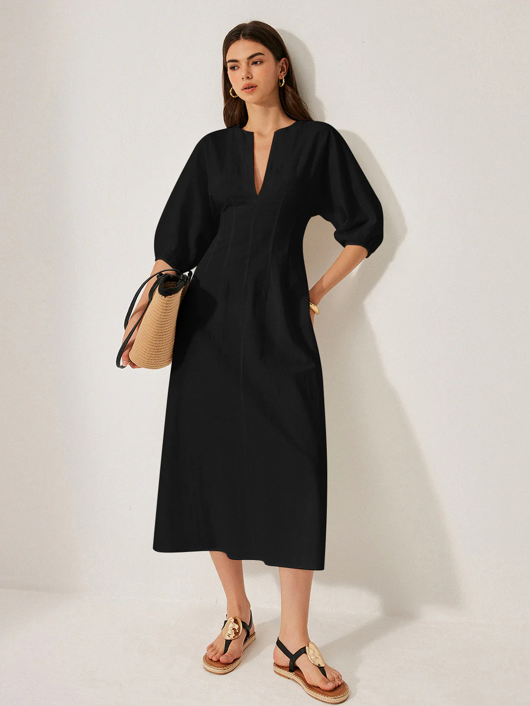 Cotton & Linen Puff Sleeve Dress Without Belt | Commense