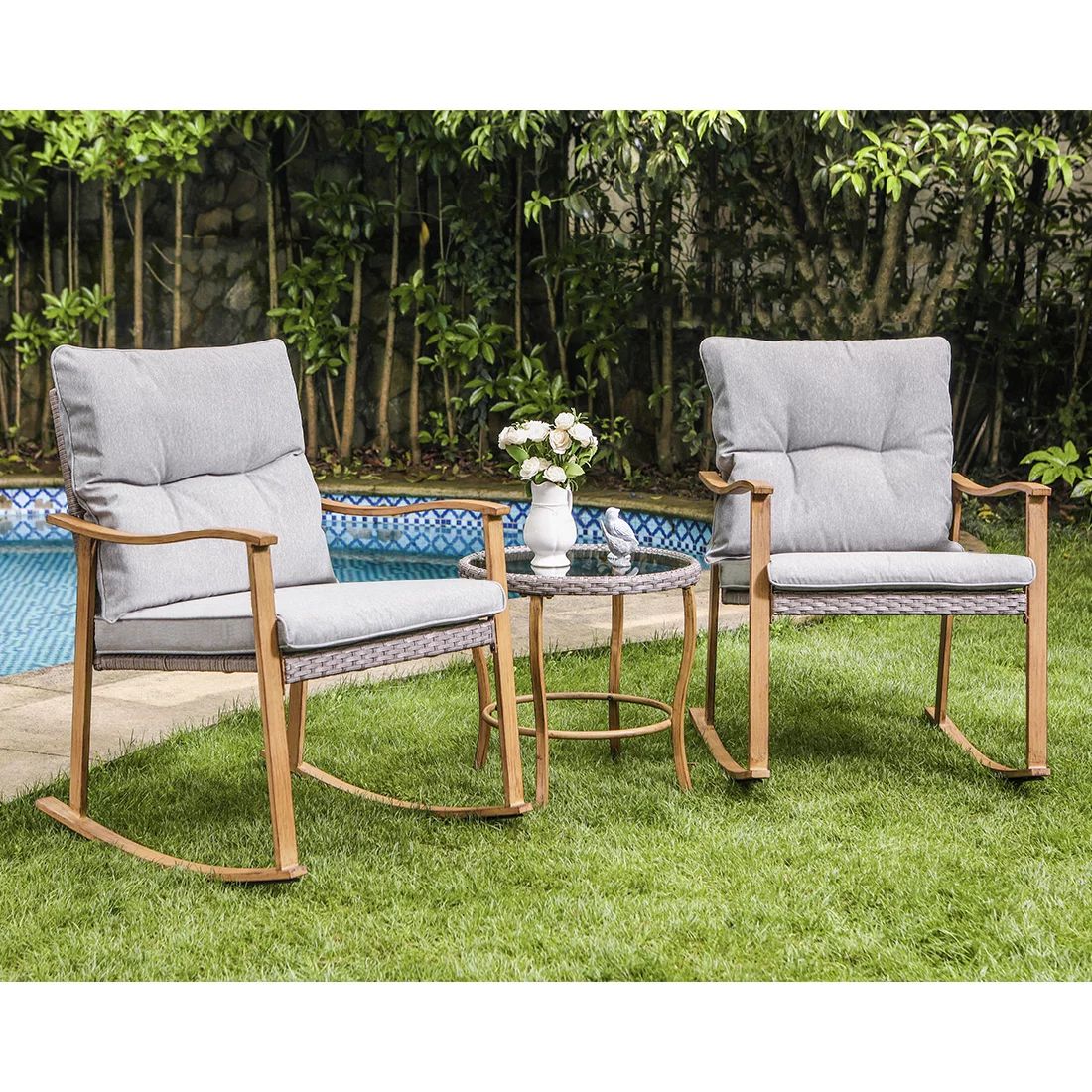 COSIEST 3 Piece Bistro Set Metal Patio Rocking Chairs with Table, Gray Cushions | Walmart (US)