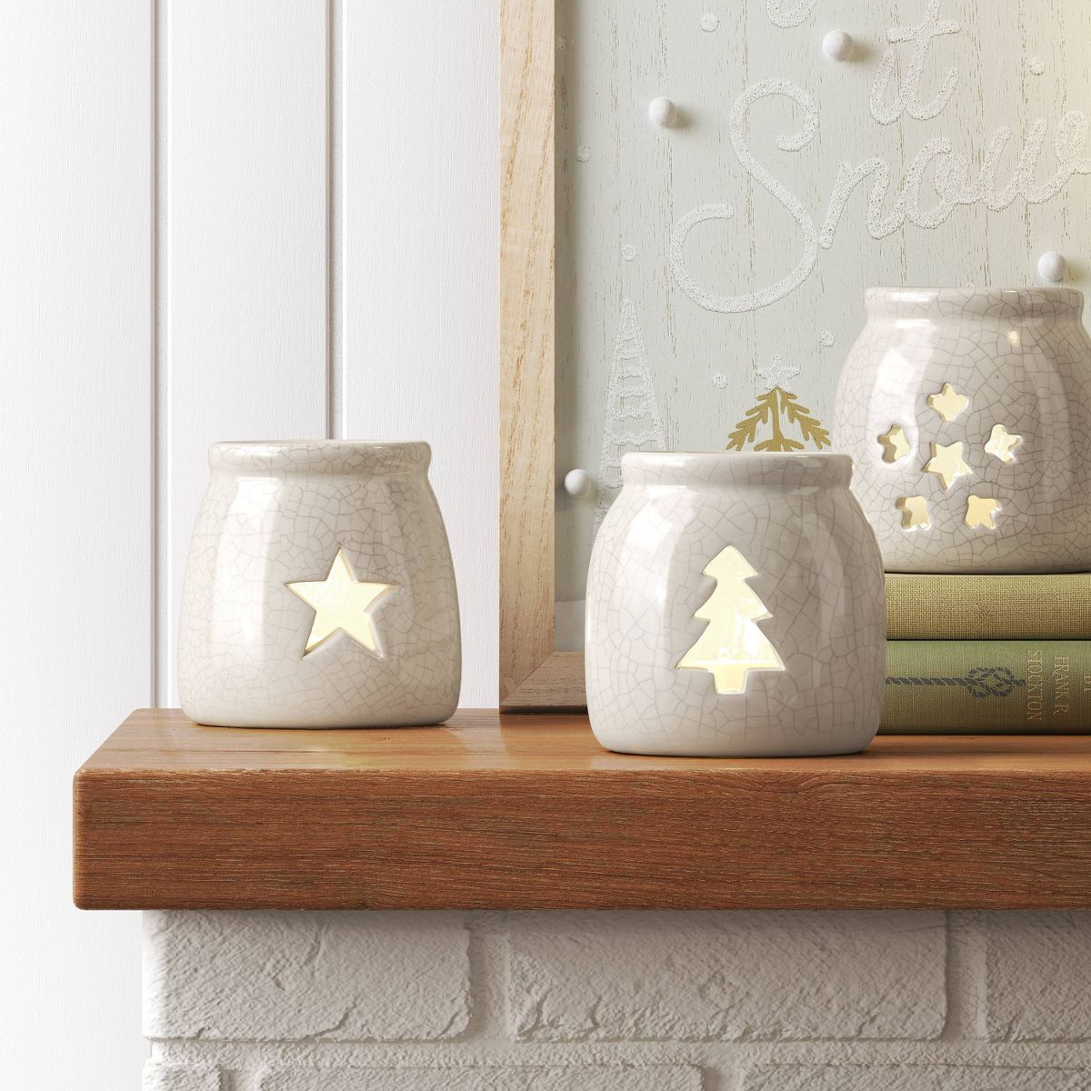 3pc Tealight Crackled Ceramic Christmas Candle Holder Set Tree/Star/Snowflake - Wondershop™ | Target