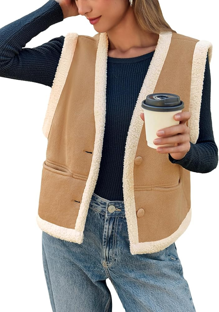 Tankaneo Womens Faux Suede Vests Sleeveless Sherpa Jackets V Neck Button Down Fleece Coats Casual... | Amazon (US)
