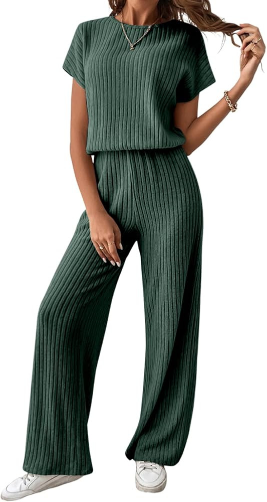 Happy Sailed Women's Casual Loose Solid Ribbed Crewneck Short Sleeve Long Romper Stretchy Wide Le... | Amazon (US)