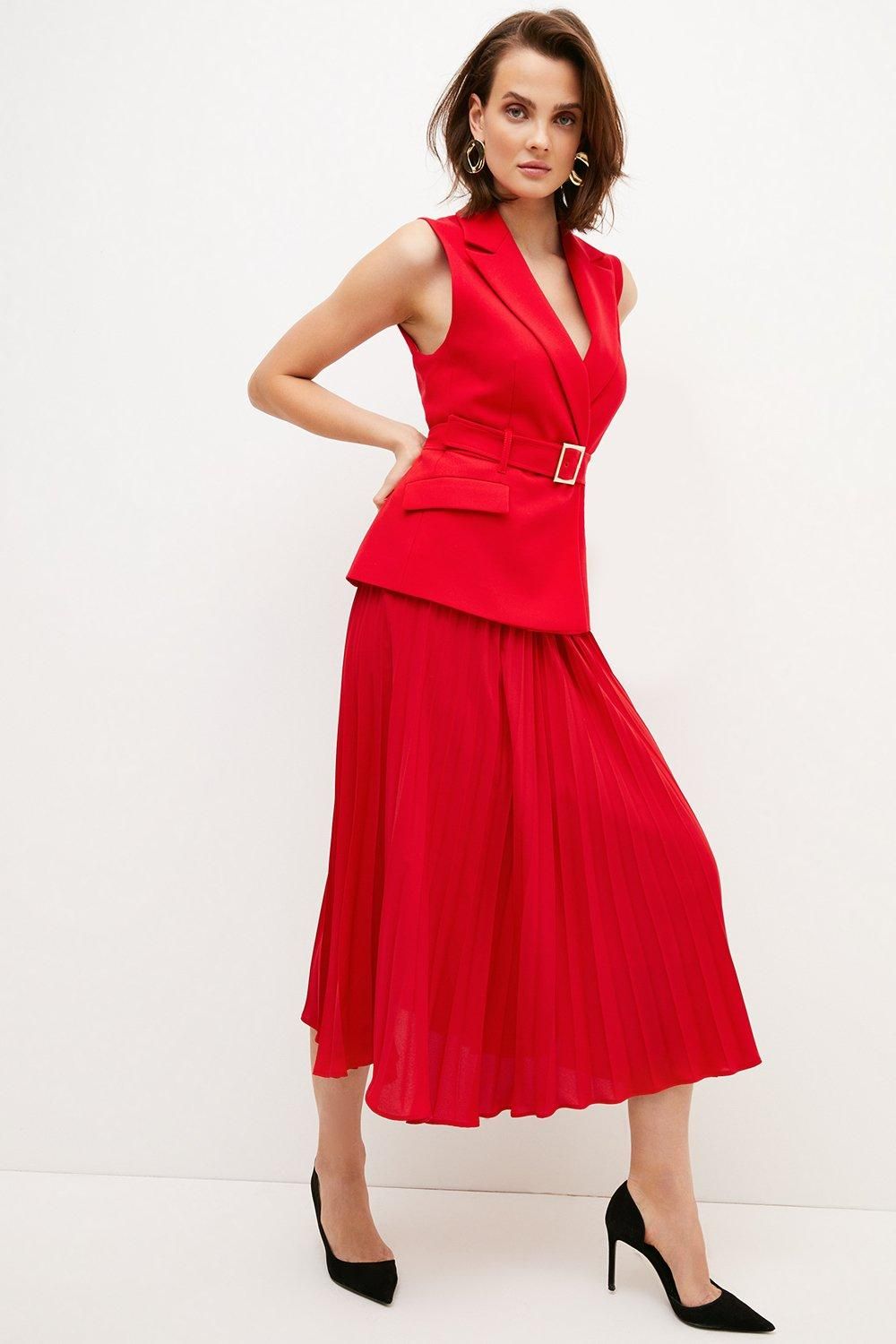 Tailored And Pleat Belted Midi Dress | Karen Millen UK & IE