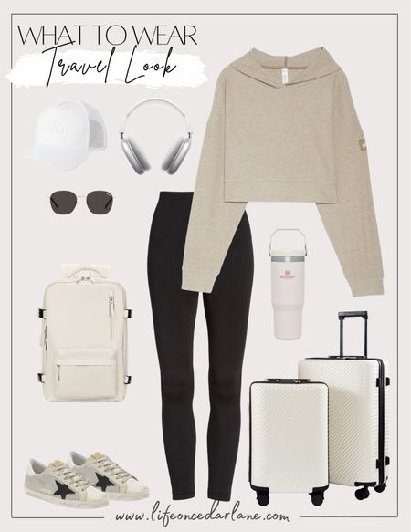 What to Wear- travel look! Such a cute and comfy neutral travel look! Loving this cropped hoodie & pretty luggage! Also new colors in this Stanley too!

#stanley #goldengoose #aloyoga 

#LTKunder100 #LTKtravel #LTKsalealert