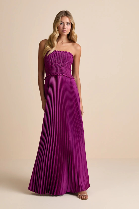 Damira Magenta Satin Pleated Strapless Maxi Dress | Lulus