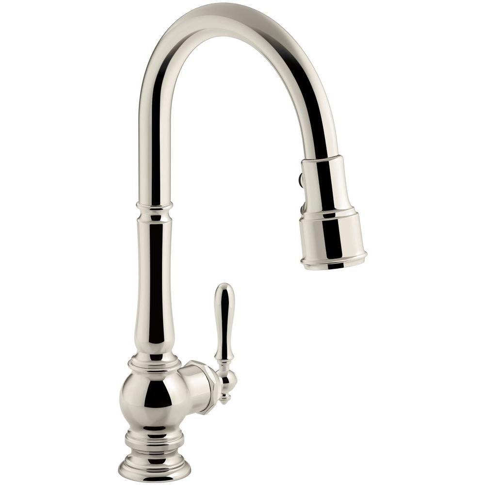 Artifacts Single-Handle Pull-Down Sprayer Kitchen Faucet in Vibrant Polished Nickel | The Home Depot