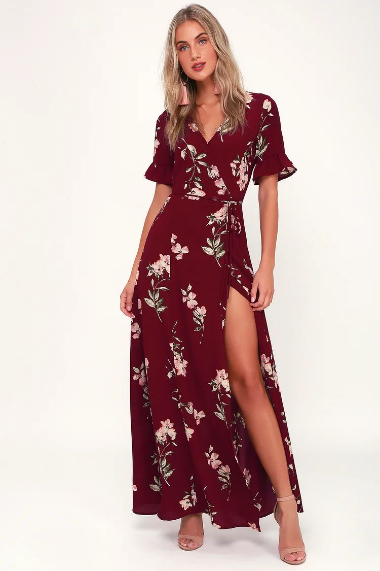 September Sunsets Burgundy Floral Print Wrap Maxi Dress | Lulus (US)